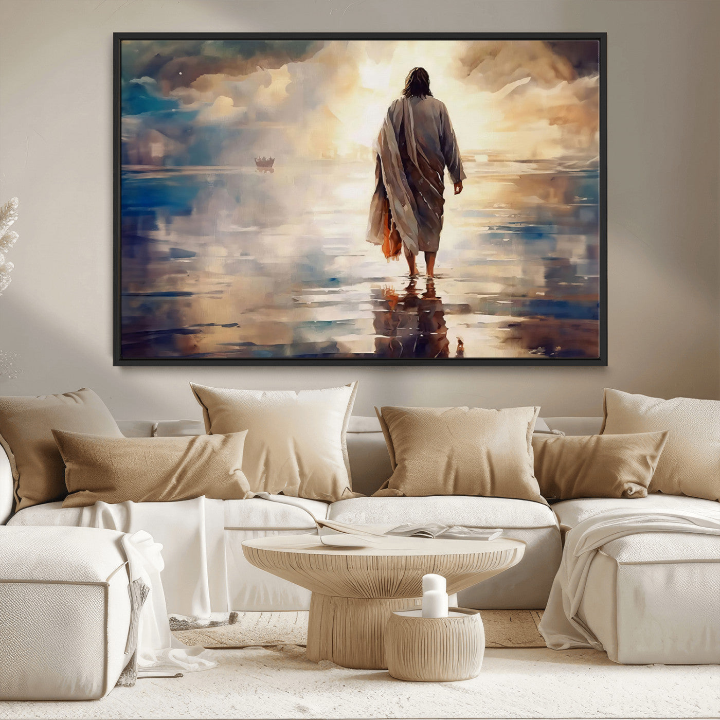 MGV-FC-36X24 - Jesus Walking on Water Wall Art | Ready to Hang Spiritual Triptych Canvas Print | Inspirational