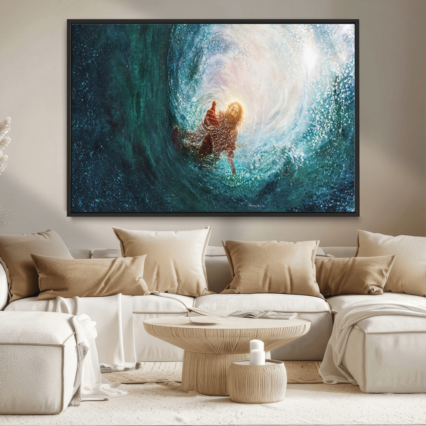 MGV-FC-36X24 - Powerful Jesus Canvas Print - Hand of Salvation, Inspirational Wall Art - Framed, Ready to Hang for