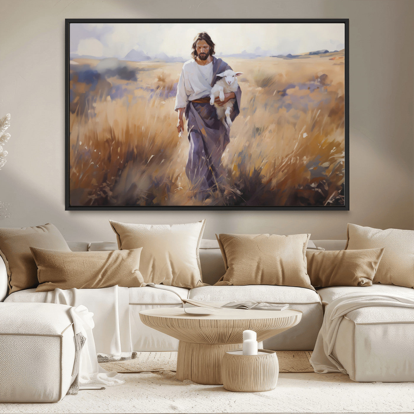 MGV-FC-36X24 - Jesus the Good Shepherd Wall Art Canvas Print - Lost Lamb Print for Prayer Room Decor