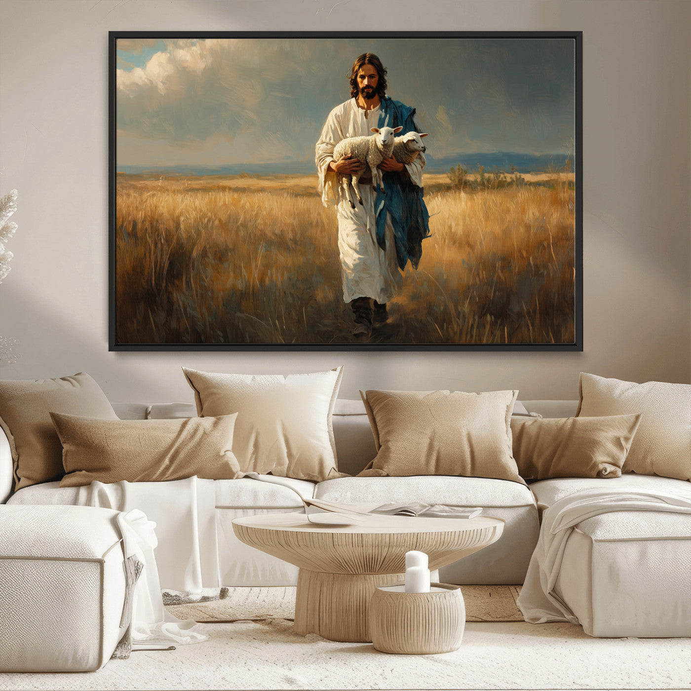 MGV-FC-36X24 - Jesus Shepherd Wall Art | Ready to Hang Triptych Canvas of Jesus Holding a Lamb in a Field |