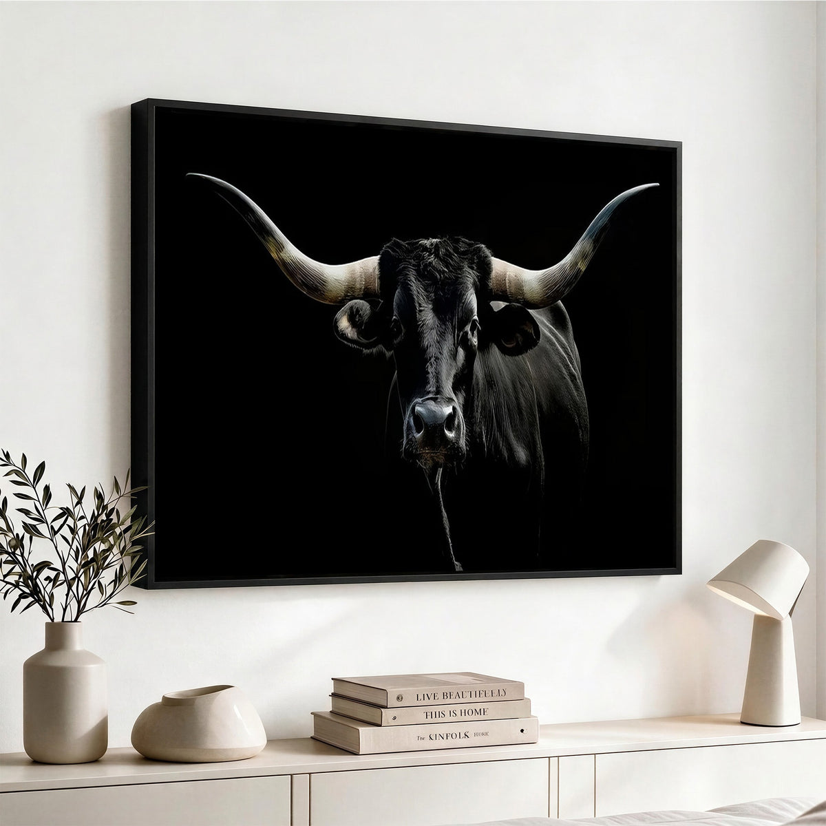 20679-MGV-CV-24X16 - Texas Black Longhorn Bull Wall Art Canvas Print, Western Cattle Rustic Decor