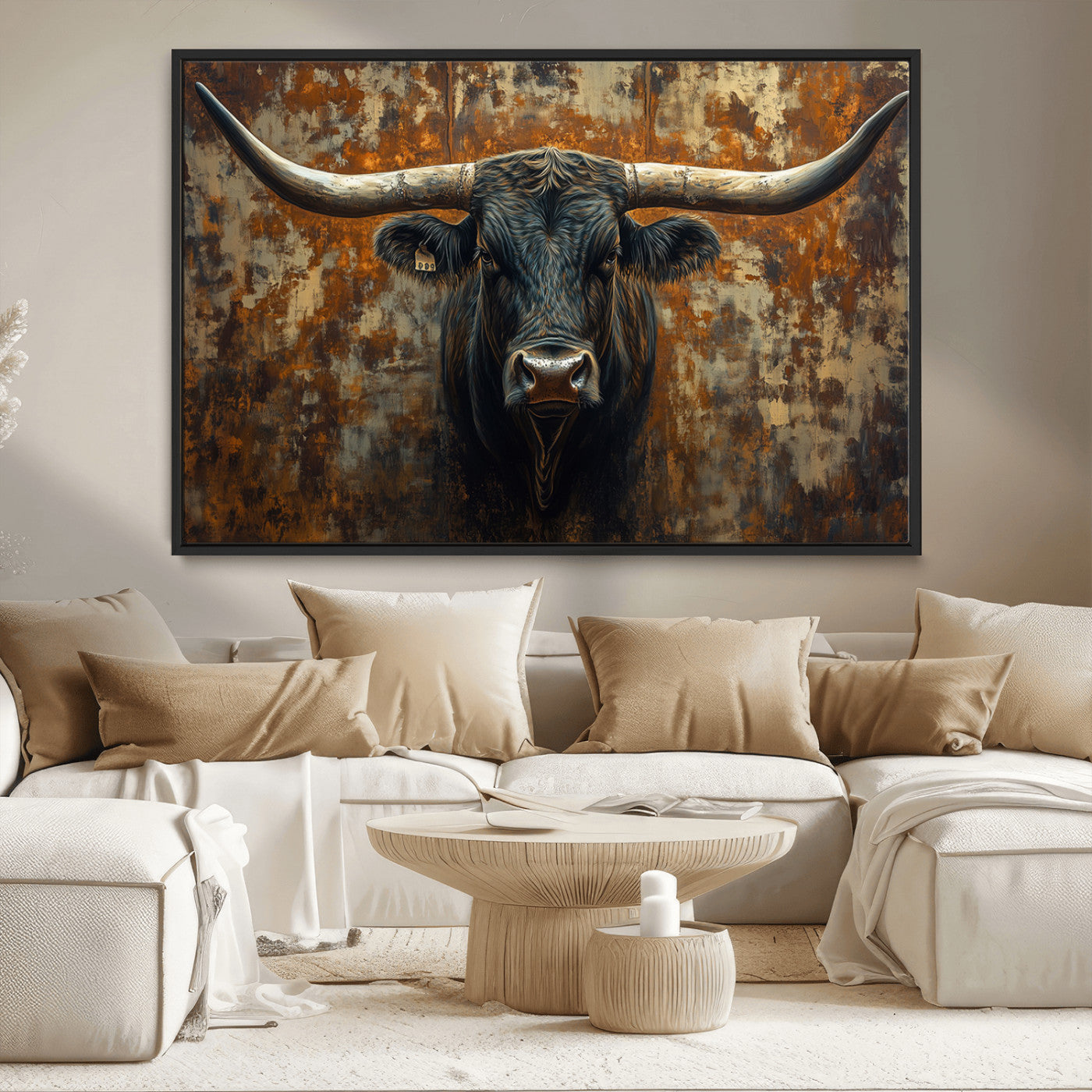 MGV-FC-36X24 - Longhorn Texas Cow Bull Wall Art | Rustic Farmhouse Canvas Print | Ready to Hang Barn Decor for