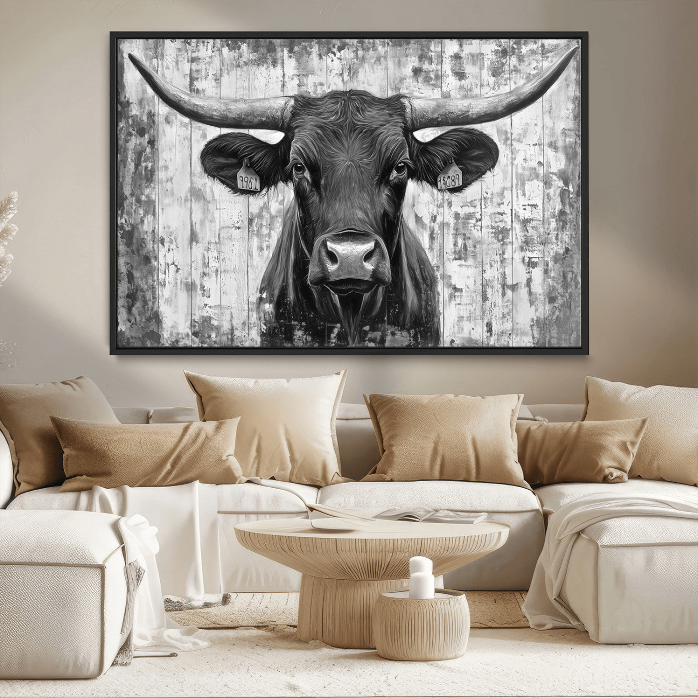 MGV-FC-36X24 - Abstract Longhorn Bull Wall Art Canvas Print - Rustic Texas Western Cow Artwork