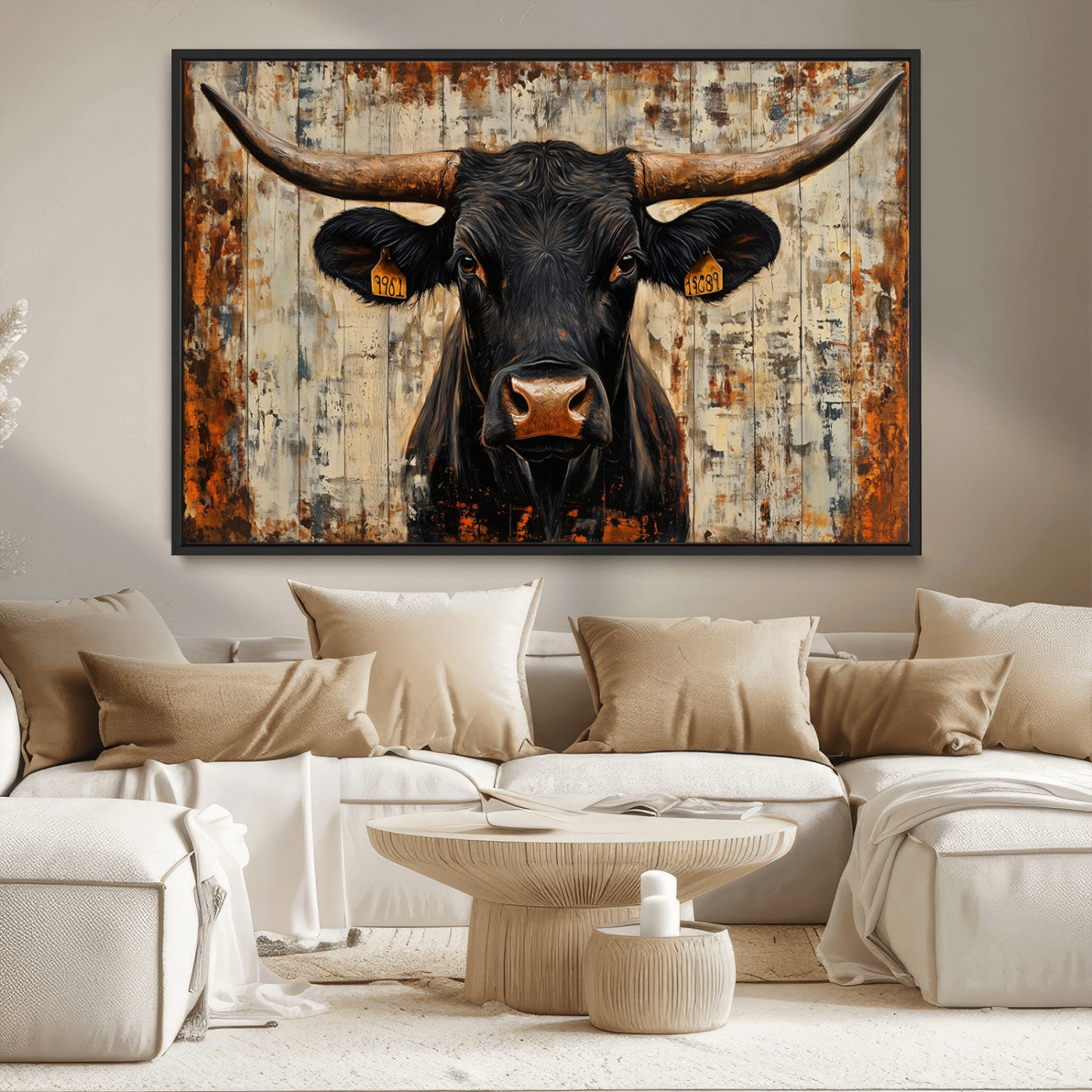 MGV-FC-36X24 - Rustic Texas Artwork Wall Art Canvas Print - Abstract Cow Longhorn Bull Wall Art Canvas Print