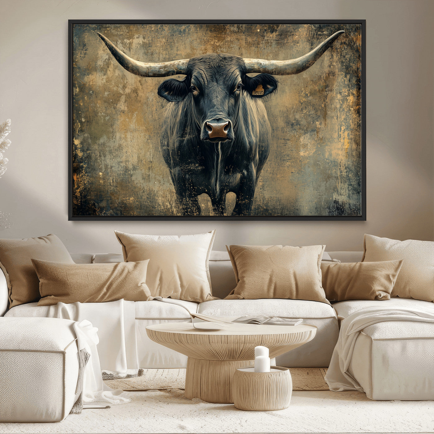 MGV-FC-36X24 - Longhorn Bull Wall Art Canvas Print, Framed Rustic Cow Art Picture Print, Texas Longhorn Perfect Western Decor Artwork