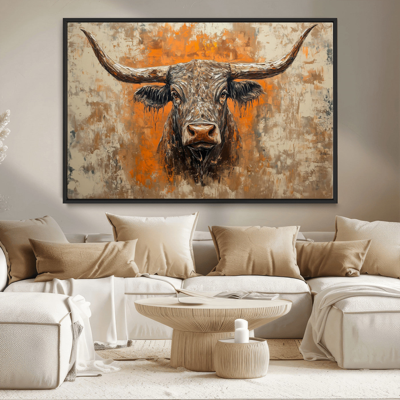 MGV-FC-36X24 - Abstract Cow Longhorn Bull Wall Art Canvas Print - Rustic Texas Western Cattle Artwork