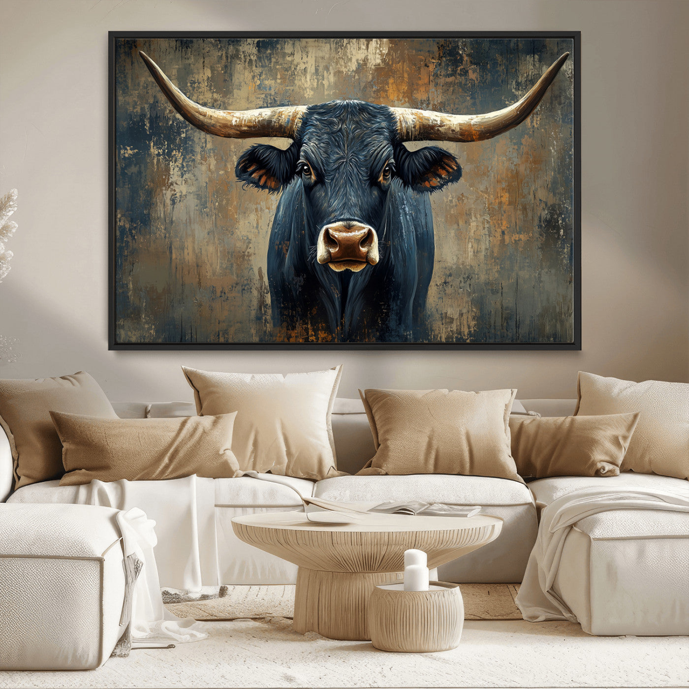 MGV-FC-36X24 - Texas Western Wall Art Canvas Print - Abstract Cow Longhorn Bull Wall Art Canvas Print - Rustic Cow