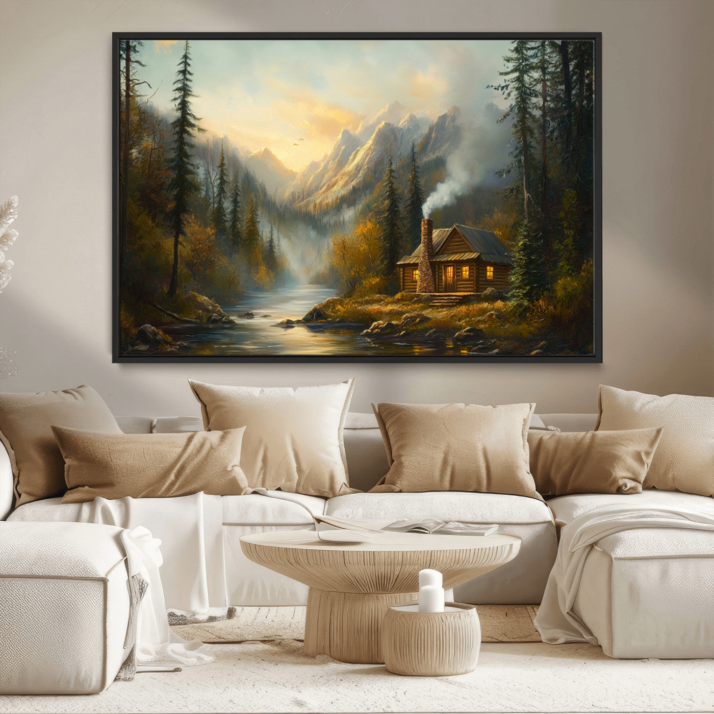 MGV-FC-36X24 - Wood Cabin Retreat Mountain at Sunset Wall Art Print - Serene Forest and River Landscape Wall Art