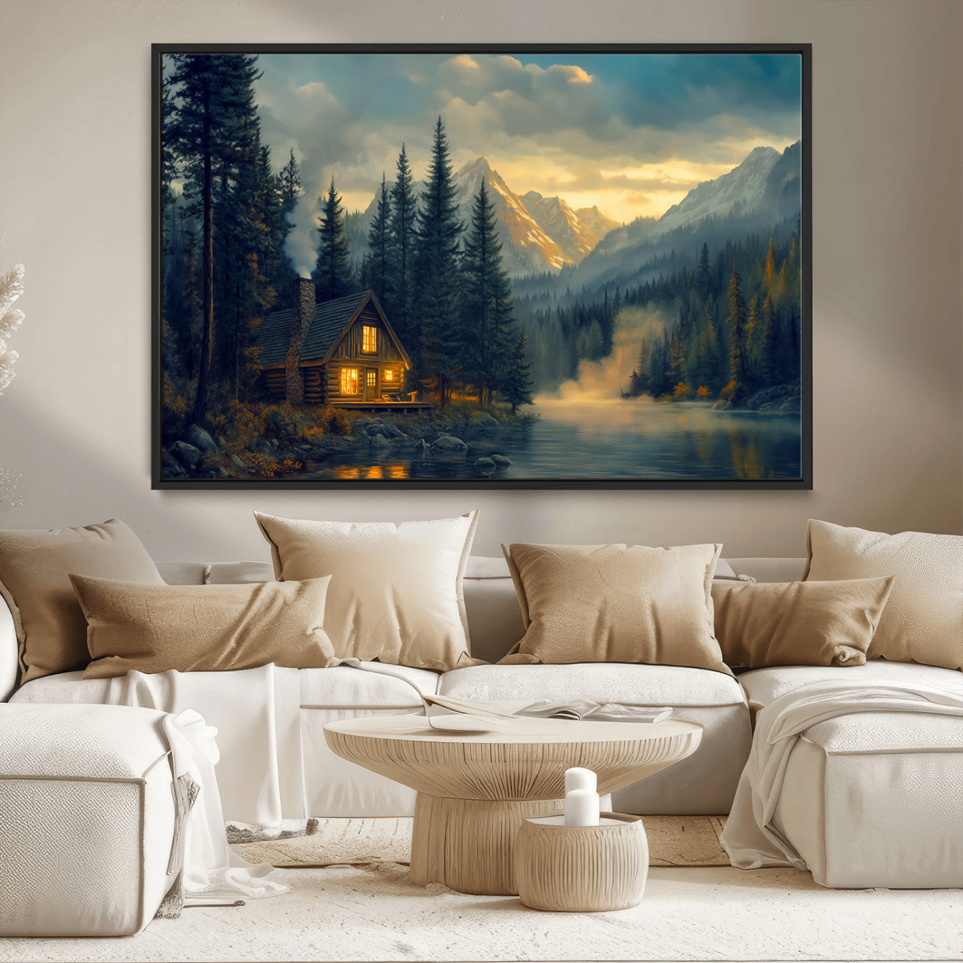 MGV-FC-36X24 - Mountain Cabin by the Lake at Sunset Wall Art - Serene Nature Canvas Print for Living Room Decor,