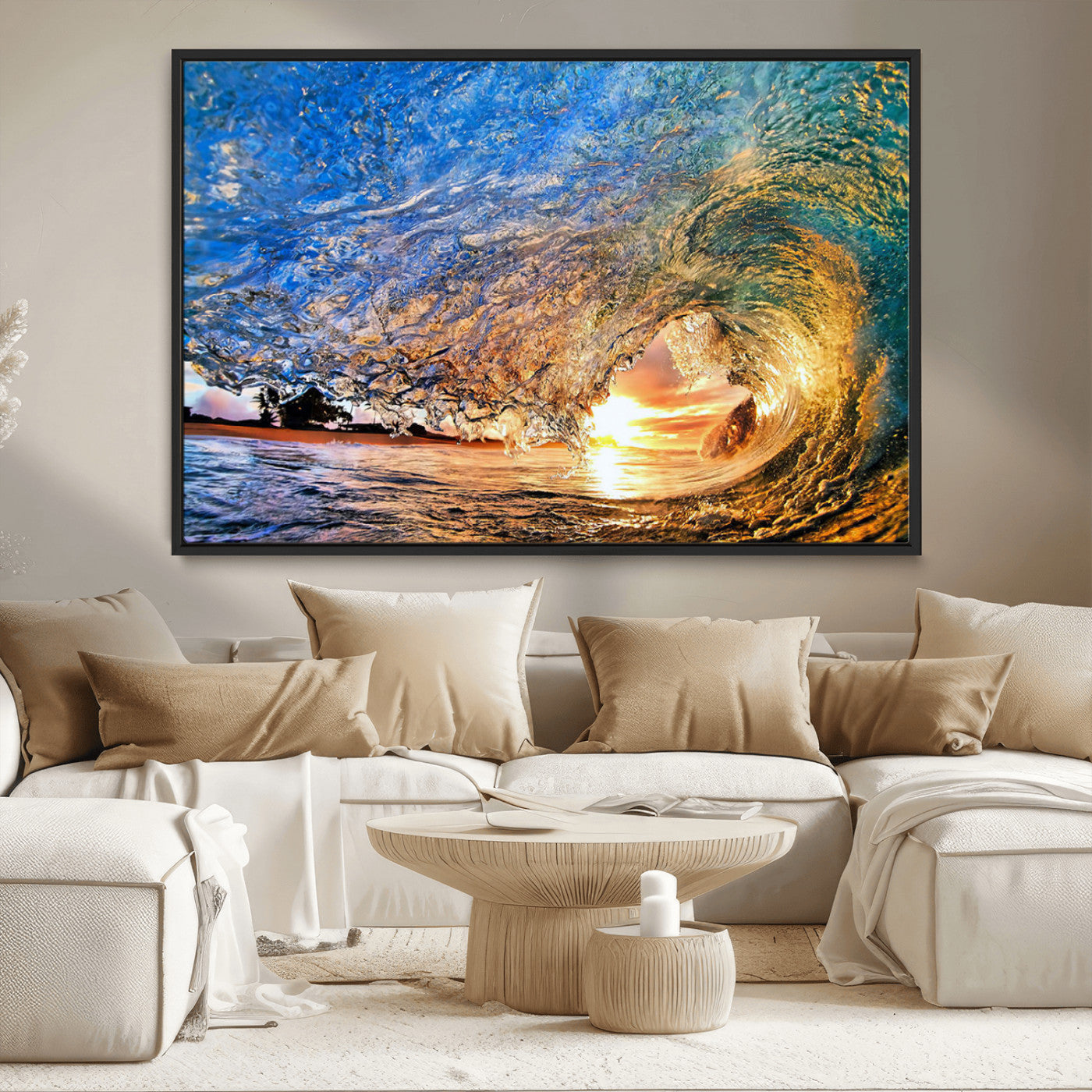 MGV-FC-36X24 - Ocean Wave at Sunset Canvas Wall Art – Vibrant Coastal Beach Waves Print, Large Nautical Decor,