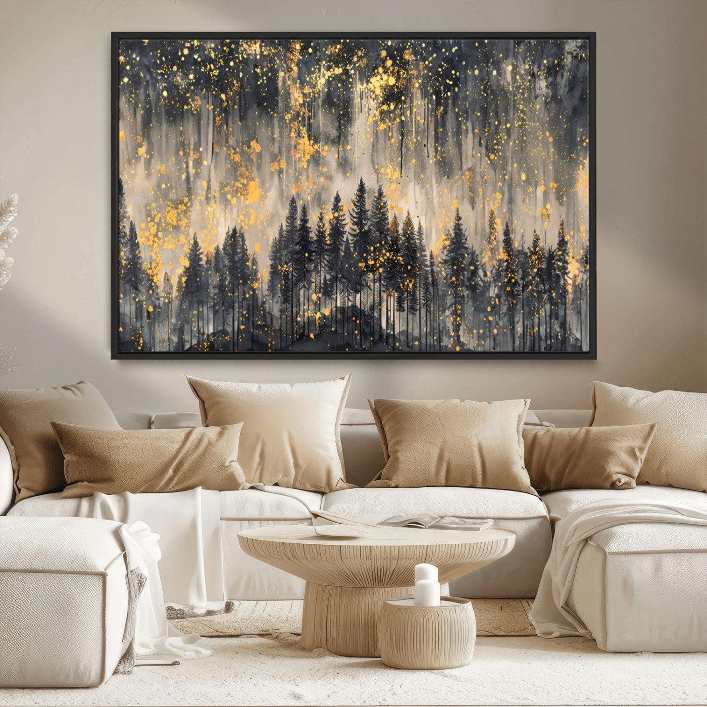 MGV-FC-36X24 - Golden Forest Abstract Wall Art | Dark Forest with Gold Splatter Accents | Triptych Ready to Hang