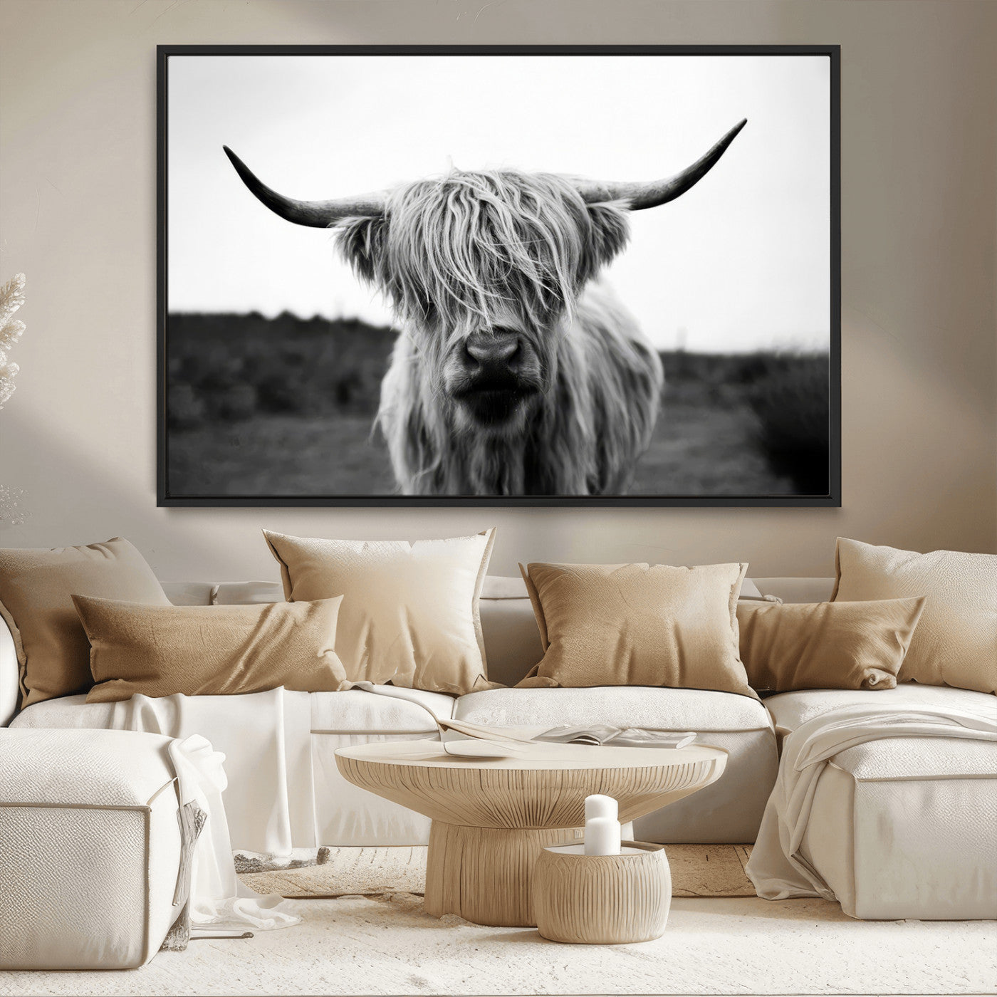 MGV-FC-36X24 - Highland Cow Wall Art | Black and White Farmhouse Decor | Triptych Canvas Print | Rustic Barn Decor