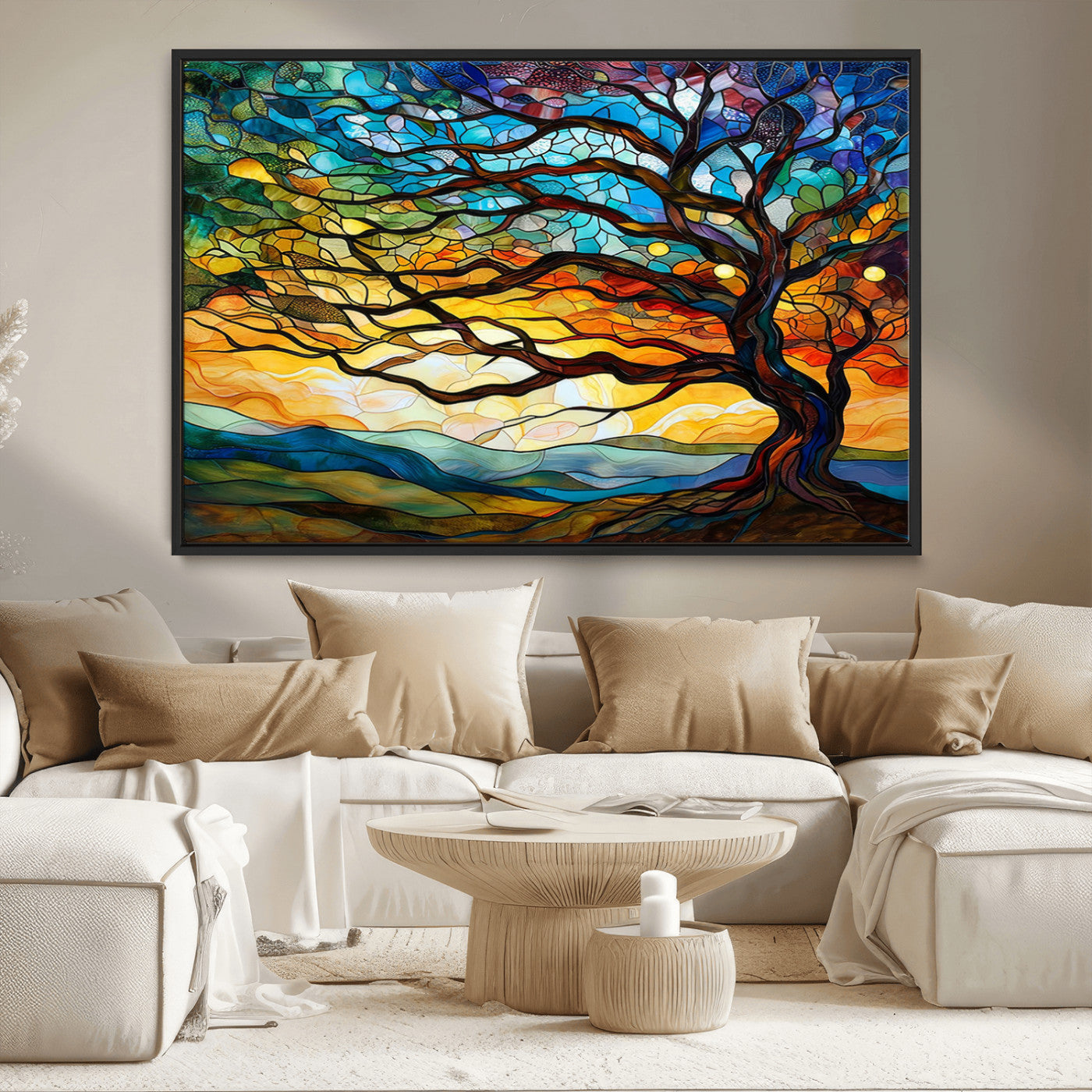 MGV-FC-36X24 - Vibrant Mosaic Tree of Life Wall Art | Stained Glass Style Canvas Print | Ready to Hang Artistic