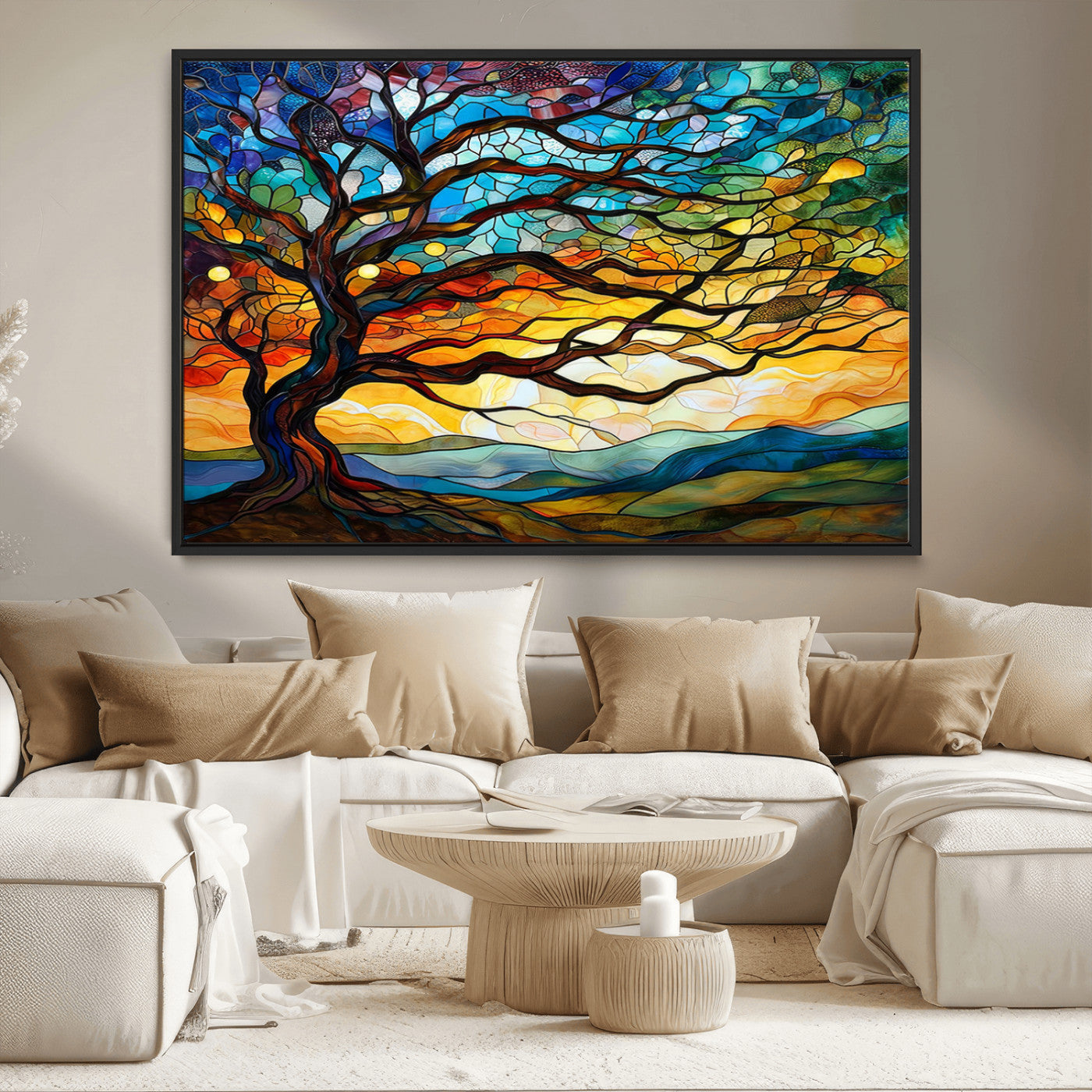MGV-FC-36X24 - Mosaic Tree Wall Art | Ready to Hang Stained Glass Style Canvas Print | Farmhouse Wall Decor, Cabin