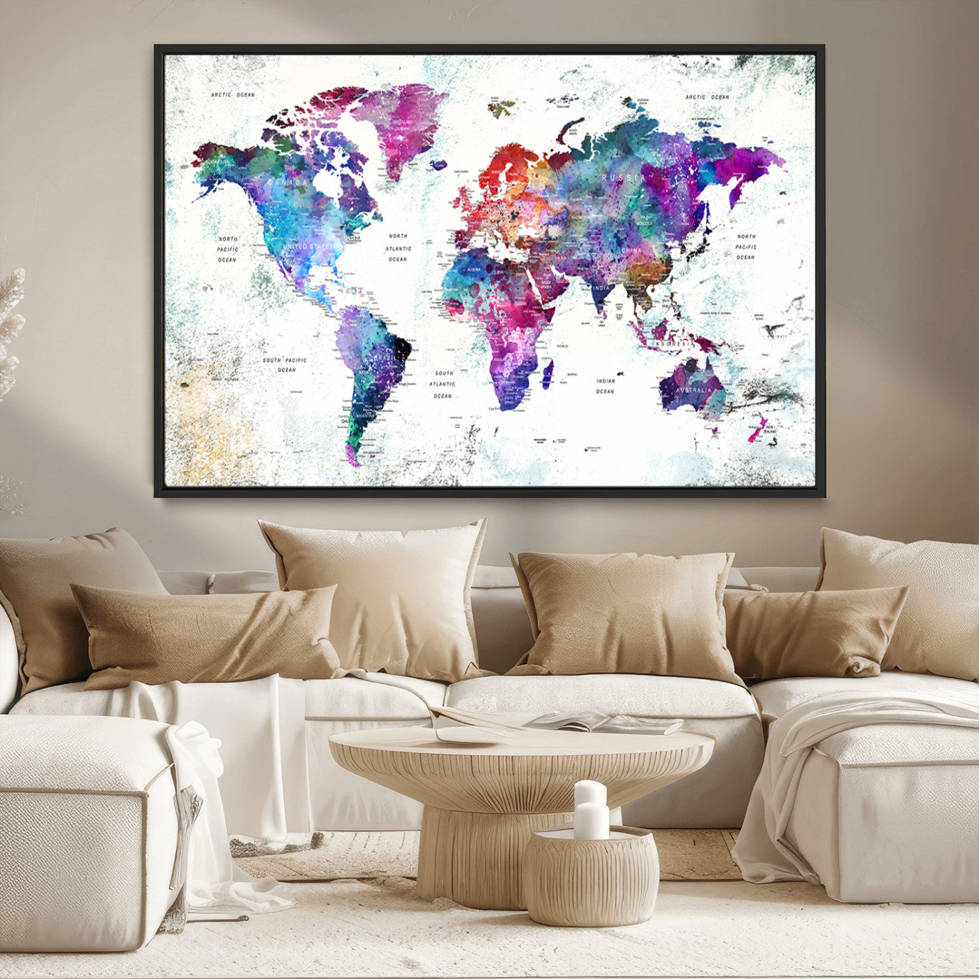 MGV-FC-36X24 - Push Pin World Map Canvas Print – Framed Wall Art for Couples to Track Their Travels – Anniversary