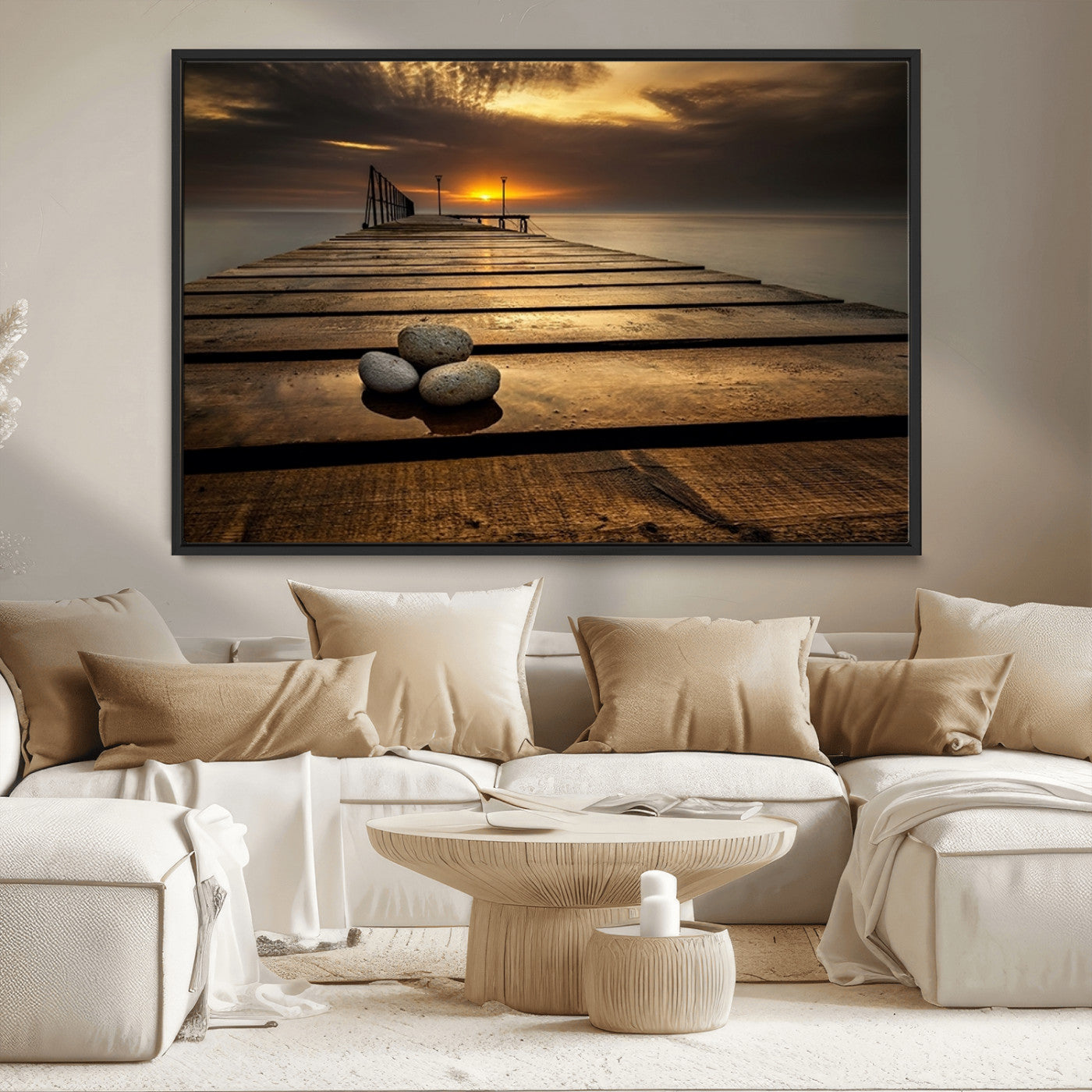 MGV-FC-36X24 - Stones on Wooden Pier at Sunset Canvas Print, Serene Coastal Wall Art, Beach Sunset Photography,