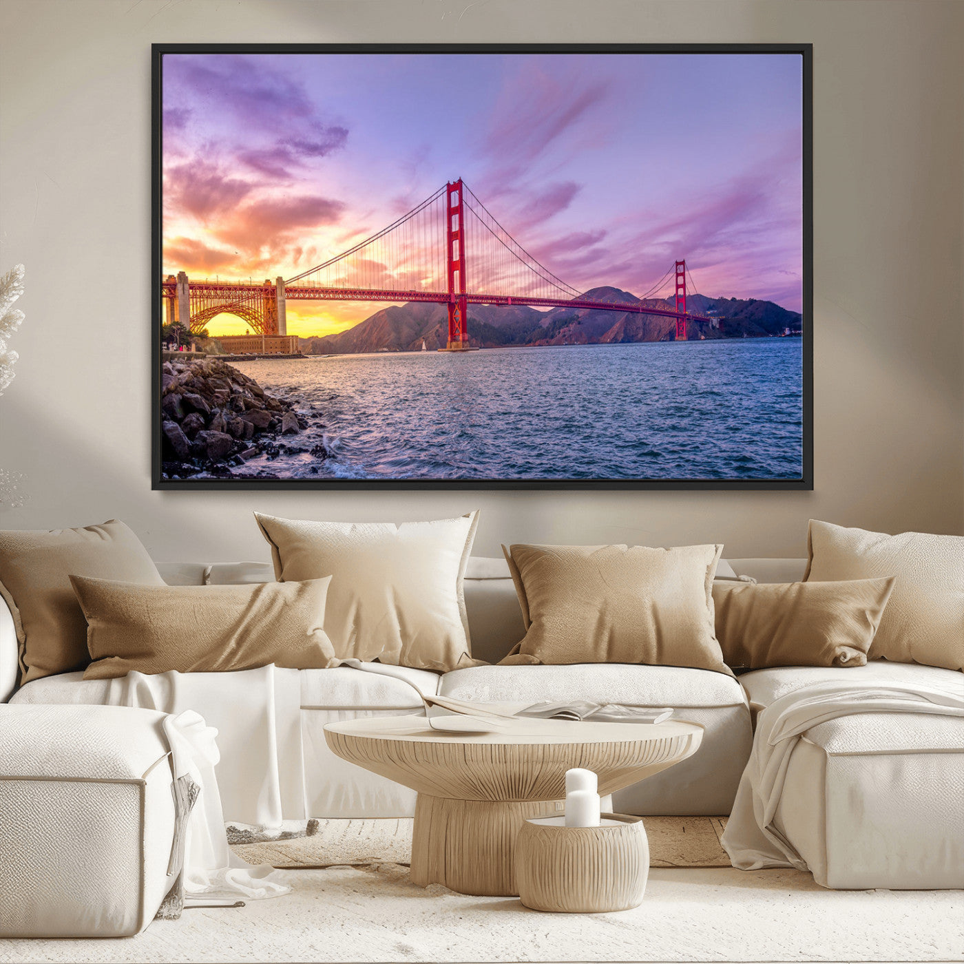 MGV-FC-36X24 - Golden Gate Bridge Wall Art Print, San Francisco Sunset Canvas Wall Art, Cityscape Canvas Print for