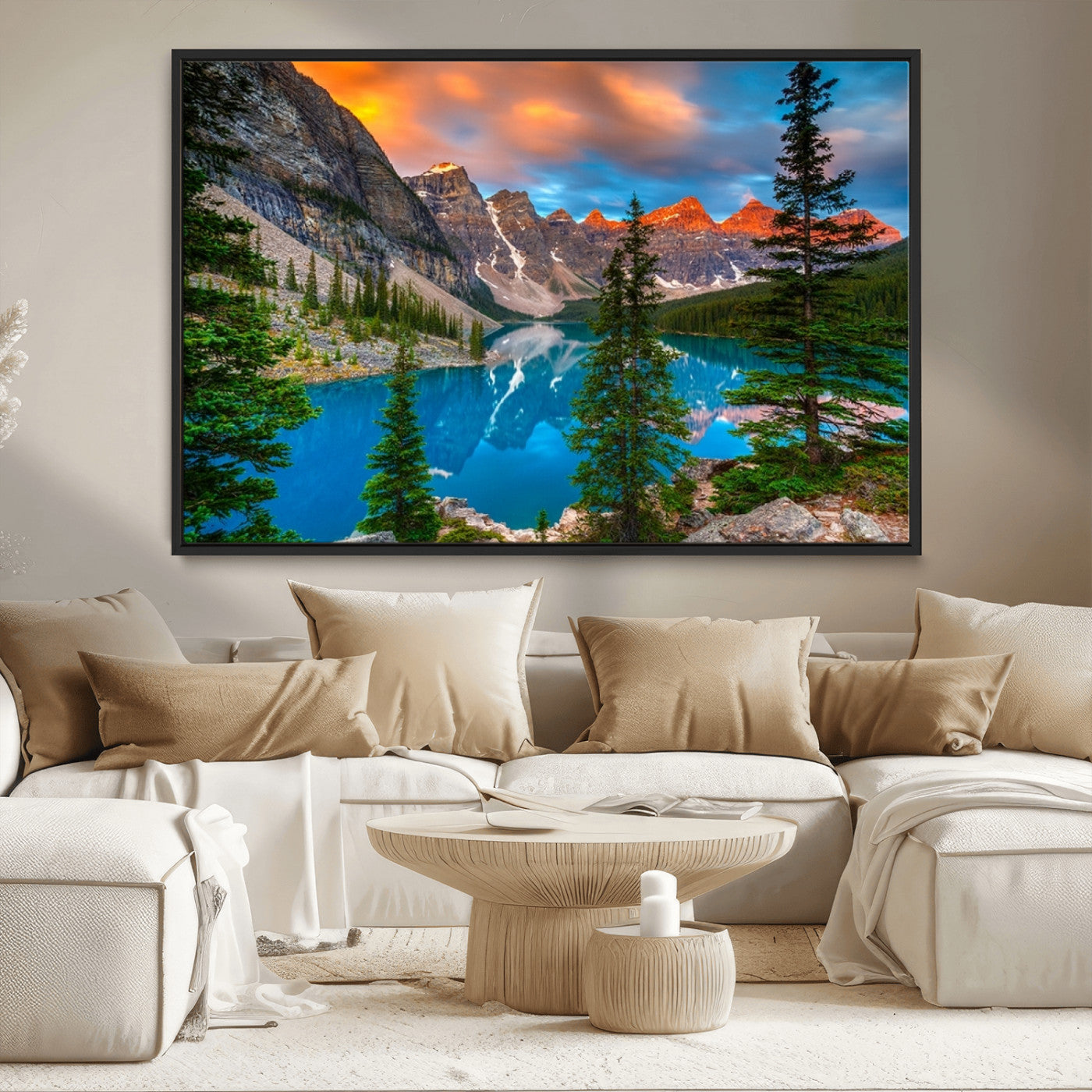 MGV-FC-36X24 - Canadian Rockies Moraine Lake Wall Art Canvas Print, Pine Trees Mountain Spring Canvas Print
