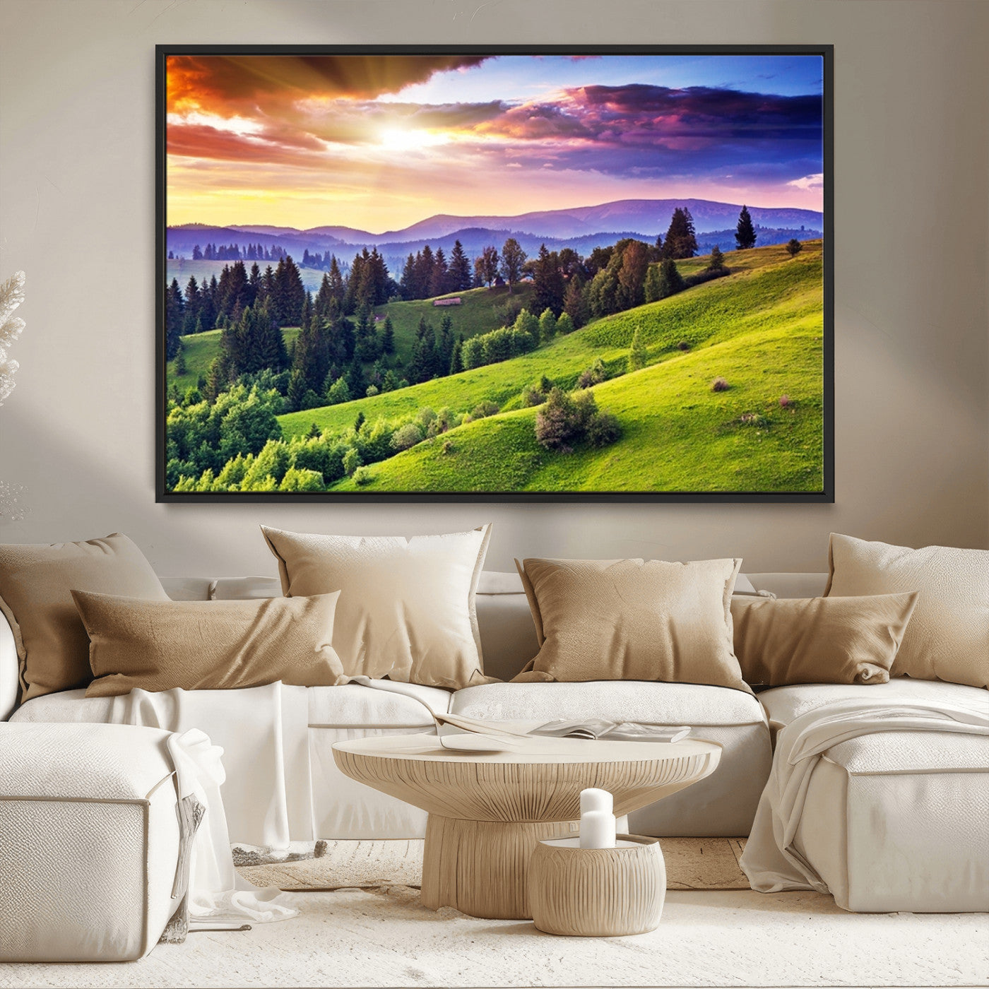 MGV-FC-36X24 - Green Hills and Sunset Wall Art Print - Scenic Landscape with Lush Greenery and Vibrant Sky, Ready