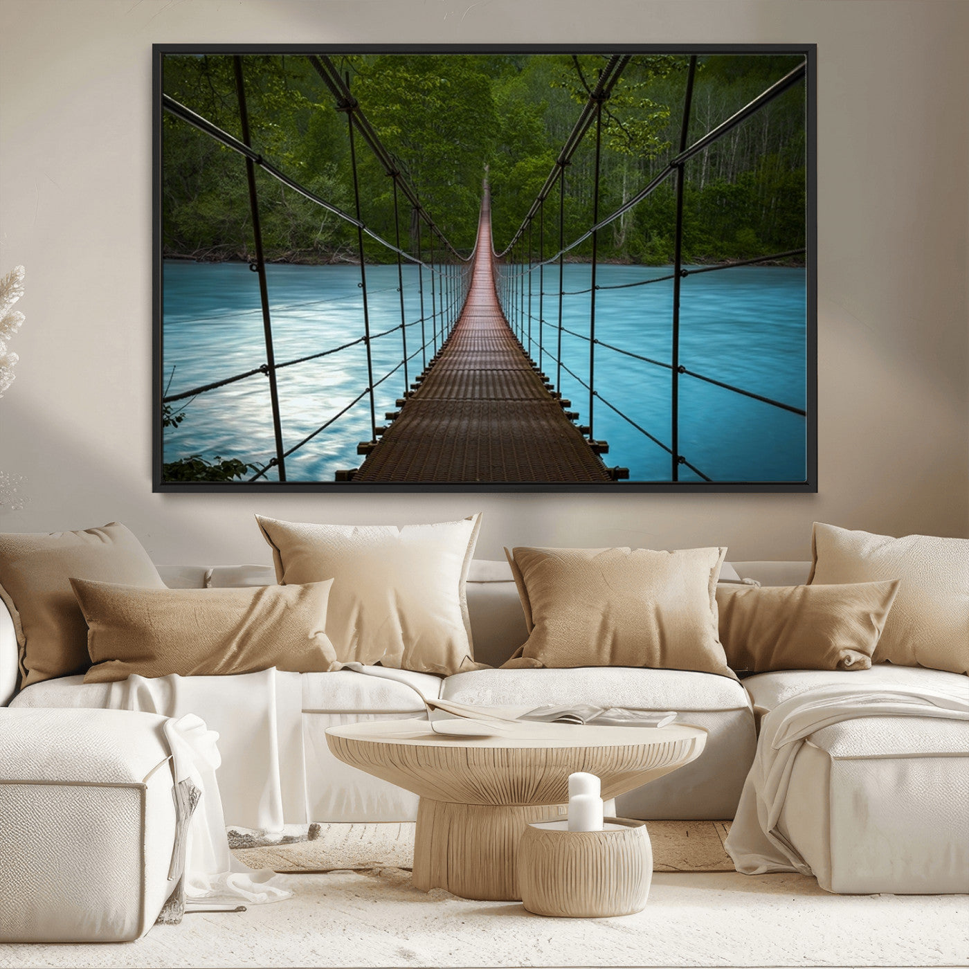 MGV-FC-36X24 - Suspension Bridge Over River Canvas Art | 3-Panel Nature Photography | Scenic Wall Art for Living
