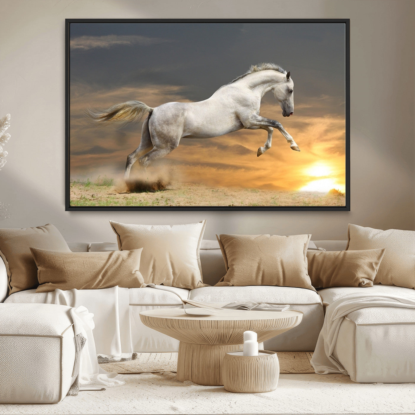 MGV-FC-36X24 - Large Wall Art Animal Canvas Print - White Jumping Horse at Sunset