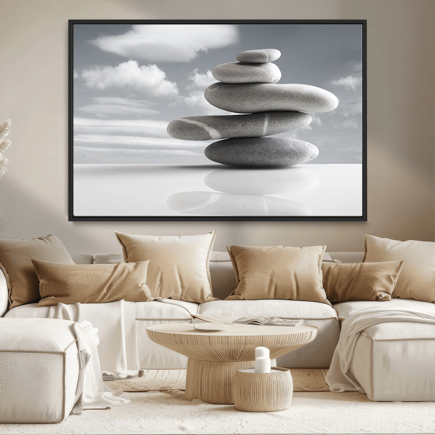 MGV-FC-36X24 - Still Life Black and White Zen Stones Wall Art Canvas, Framed Black and White Zen Stones Canvas