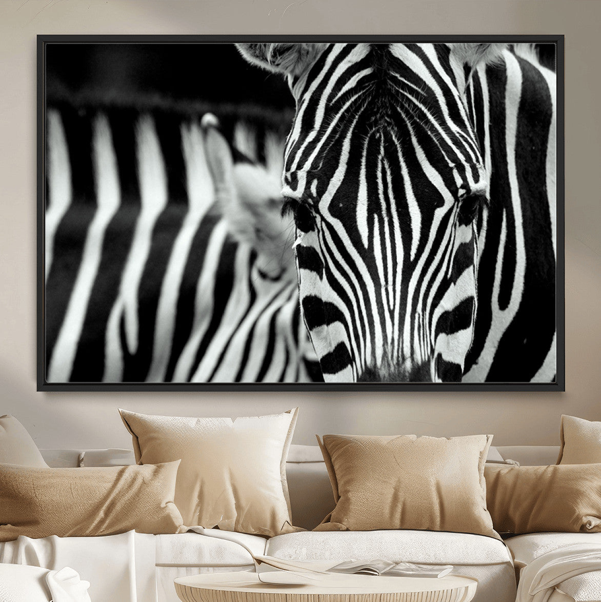 43631-MGV-CV-36X24-Zebra Close Up Wall Art – Framed Black White Wildlife Canvas Artwork, Minimal Animal Design, Modern Decor for Home, Office