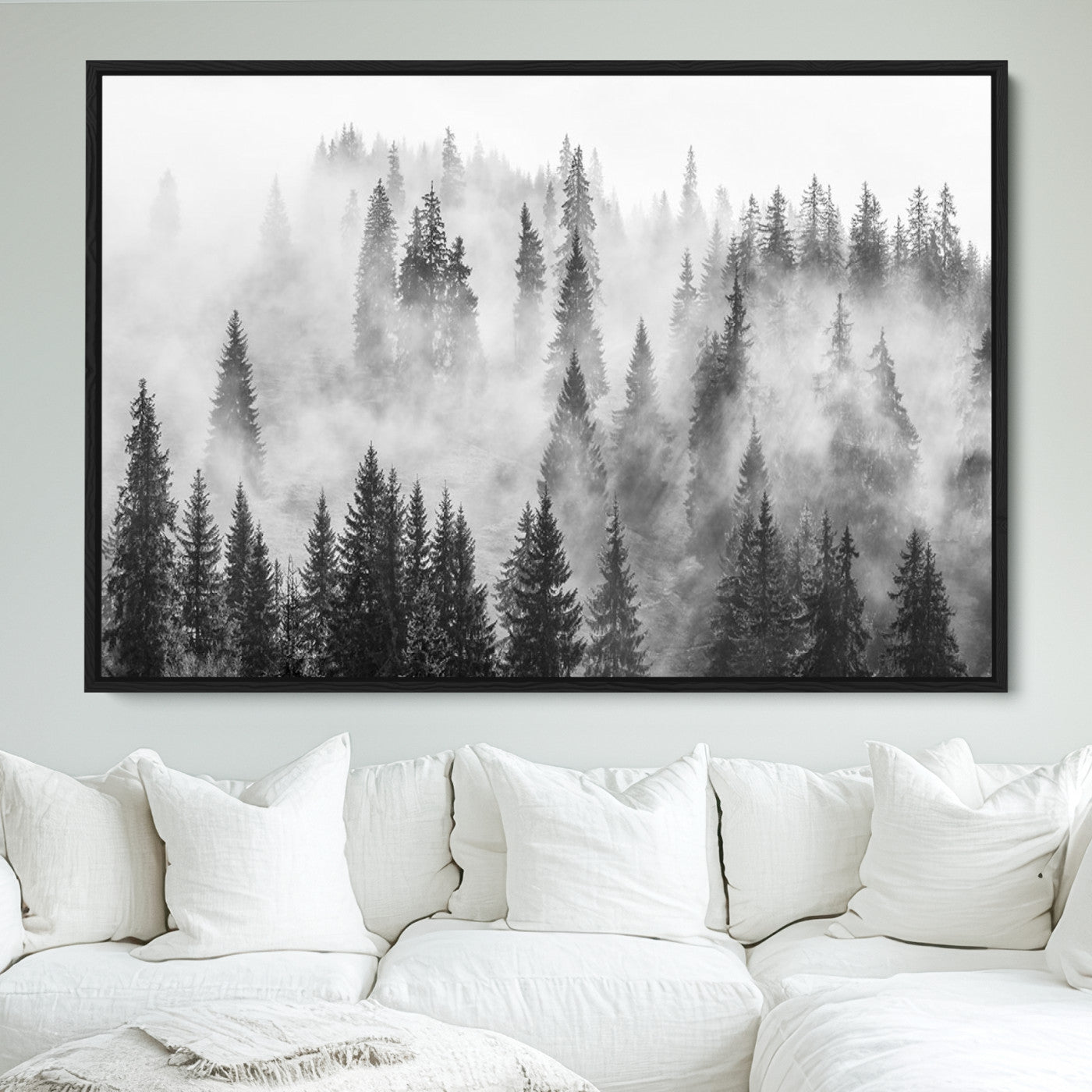 10422-MGV-FC-36X24_Black-Forest Wall Art Print | Foggy Pine Forest Canvas Wall Art - Black and White Nature Decor for Living Room