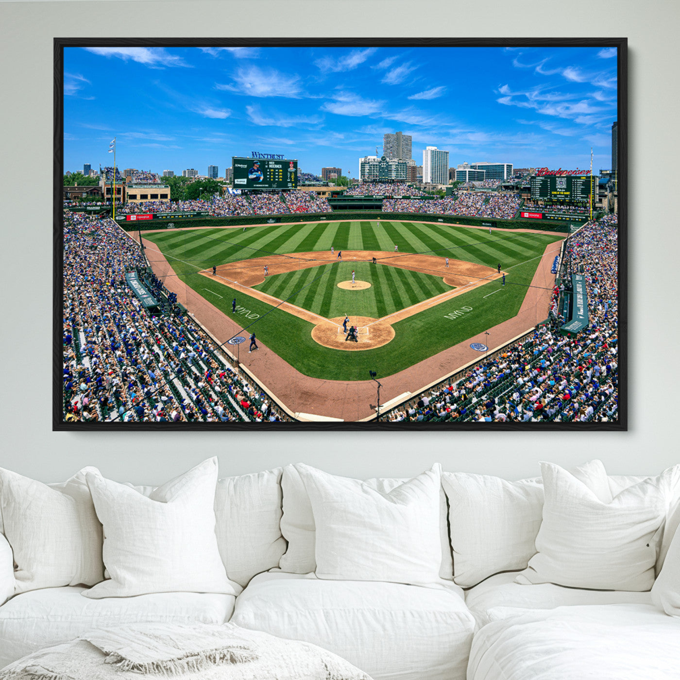 26064-MGV-FC-30X20_Black-Framed Wrigley Field Chicago Cubs Print, Panoramic Multi Piece Canvas Wall Art - Iconic Baseball Stadium Print for Sports Lovers - Ready to