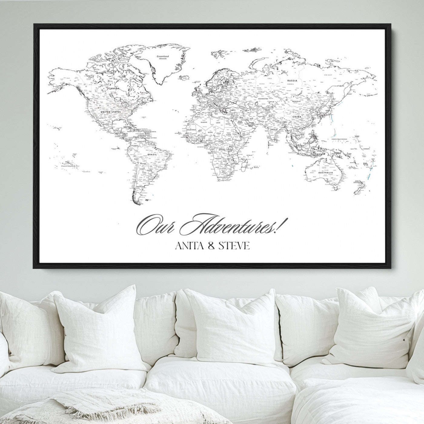 CSTM5001-MGV-FC-36X24-Personalized Push Pin World Map Wall Art, Custom Map Canvas Print, Adventure Black White Travel Decor for Couples for Anniversaries