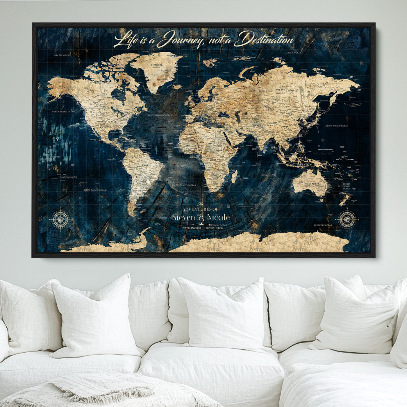 23551206-MGV-CV-36X24-Custom Push Pin World Map Wall Canvas Print – Personalized Travel Tracker with Pins – Framed Large Multi-Size Canvas for Home Office Decor