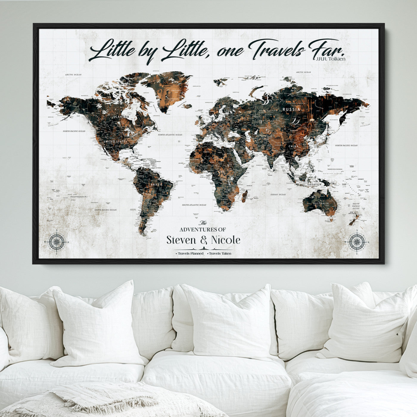 89231588-MGV-FC-36X24_Black-World Travel Map with Pins – Framed Canvas Print to Track Adventures and Create a Visual Travel Journal, Ideal Wall Art for Home - H17