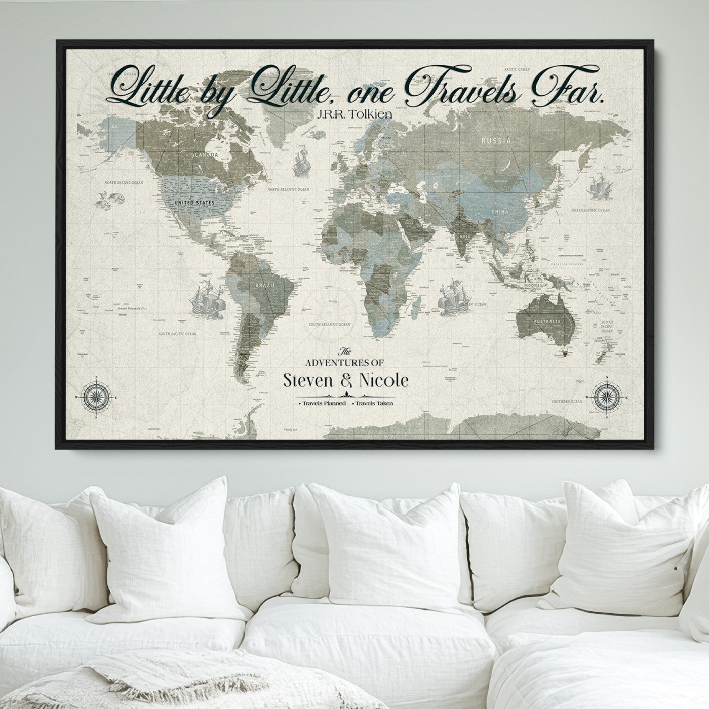 72081300-MGV-FC-36X24_Black-Custom Push Pin World Map Wall Canvas Print – Personalized Travel Tracker with Pins – Framed Large Multi-Size Canvas for Home Office Decor - H18