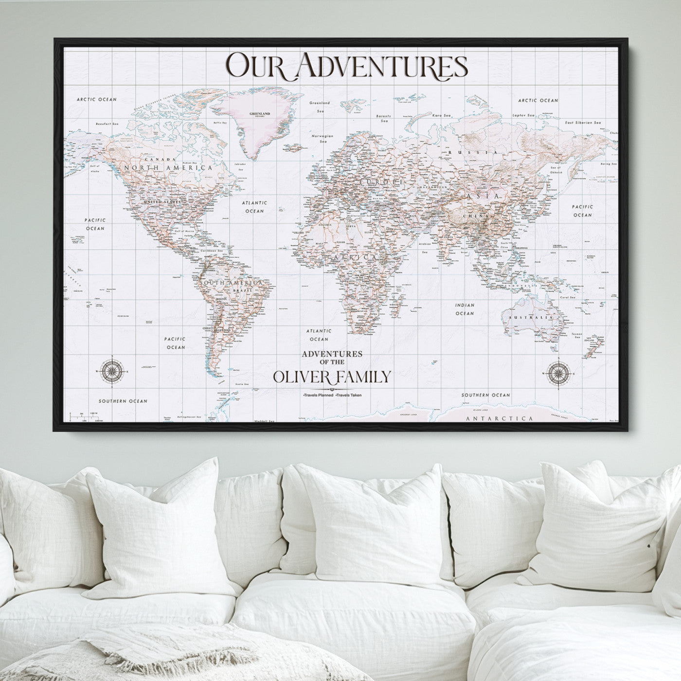 40041157-MGV-CV-36X24-Custom Push Pin World Map Wall Canvas Print – Personalized Travel Tracker with Pins – Framed Large Multi-Size Canvas for Home Office Decor