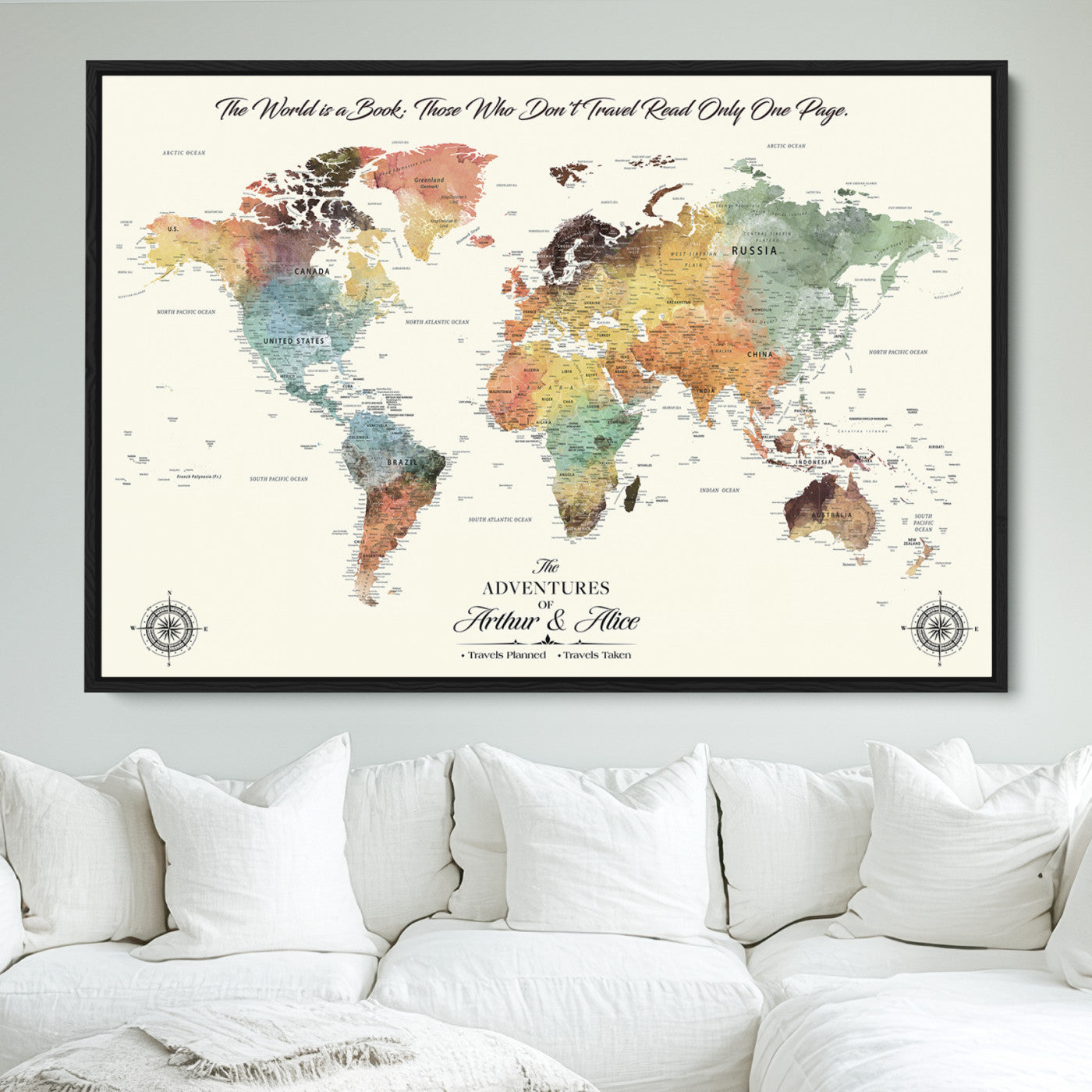 40183091-MGV-FC-36X24_Black-Custom Framed World Map Canvas Print – Personalized Push Pin Travel Tracker Gift for Couples, Weddings, or Anniversary Celebrations
