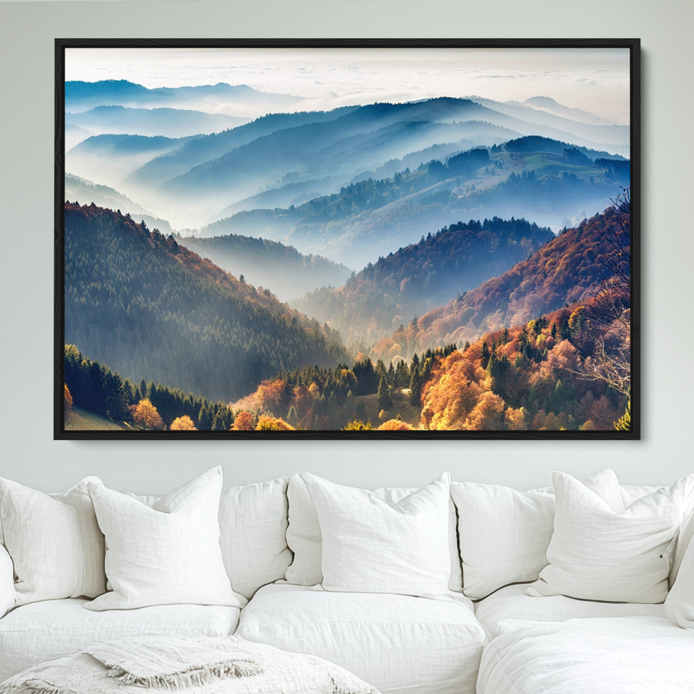 23293-MGV-FC-36X24_Black-Misty Mountain Sunrise Triptych Canvas Print – Autumn Landscape Wall Art – Scenic Nature Decor – Ready to Hang
