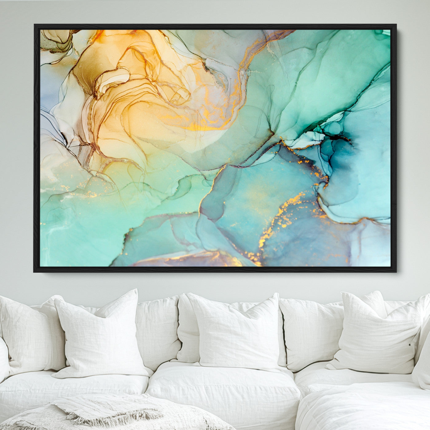 47242-MGV-FC-36X24_Black-Green Marble Fluid Effect Wall Art Abstract Canvas Wall Art Print