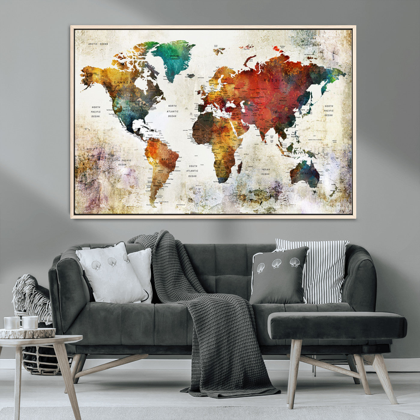 -Push Pin World Map Canvas Print – Framed Wall Art for Couples to Track Their Travels – Anniversary