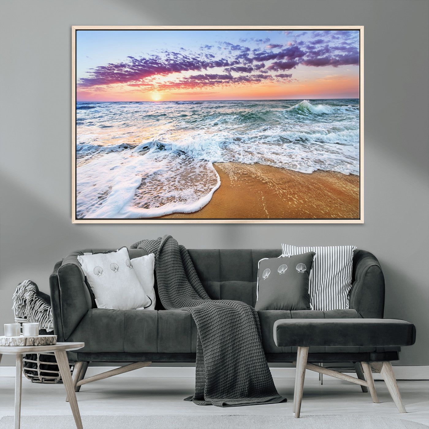 MGV-FC-36X24 - Coastal Sunset Art Beach Canvas Wall Art Print | Ocean Waves Wall Art | Large 3-Panel Seascape for
