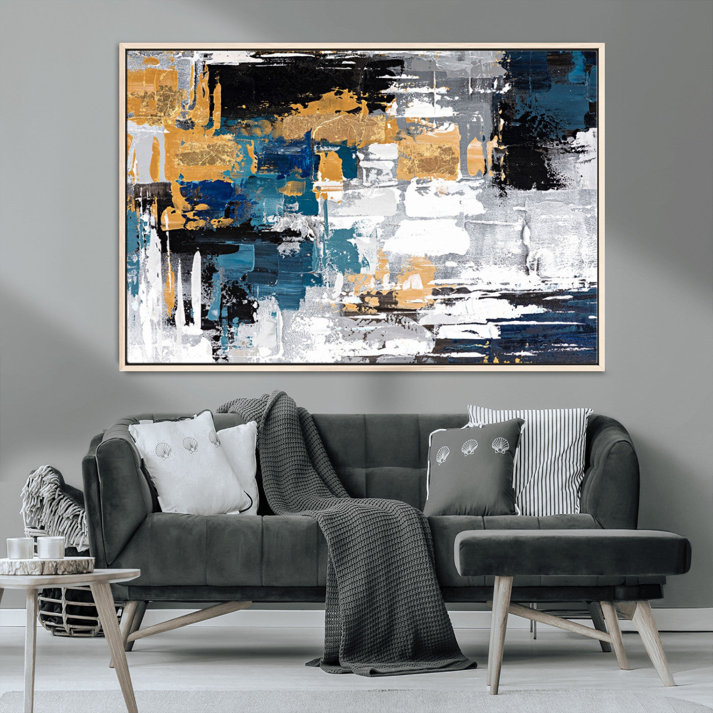 57708-MGV-CV-36X24-Blue and Gold Abstract Canvas Wall Art – Triptych Modern Painting for Living Room – Framed and Ready to Hang
