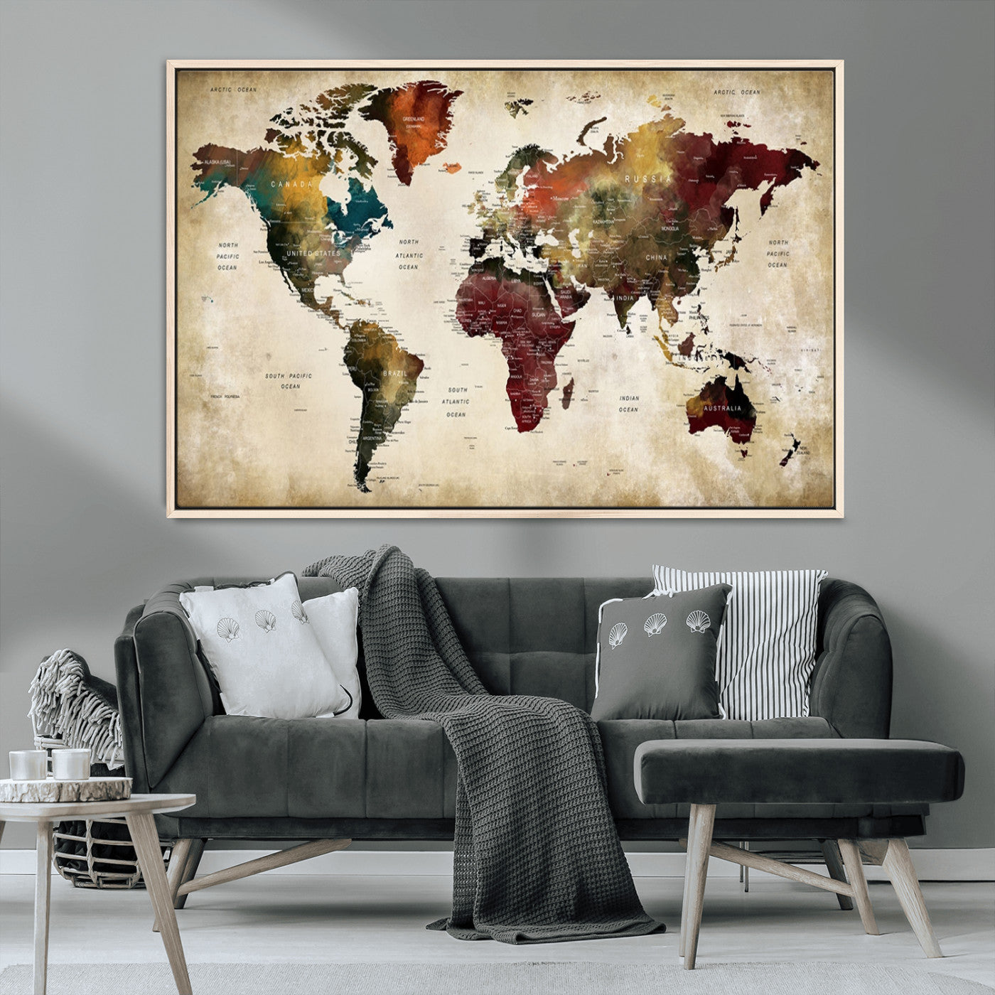 MGV-FC-36X24 - Large World Map Wall Art Canvas Print, Framed Push Pin Map Art Picture Print, Abstract Traveller Map Perfect Modern Decor Artwork