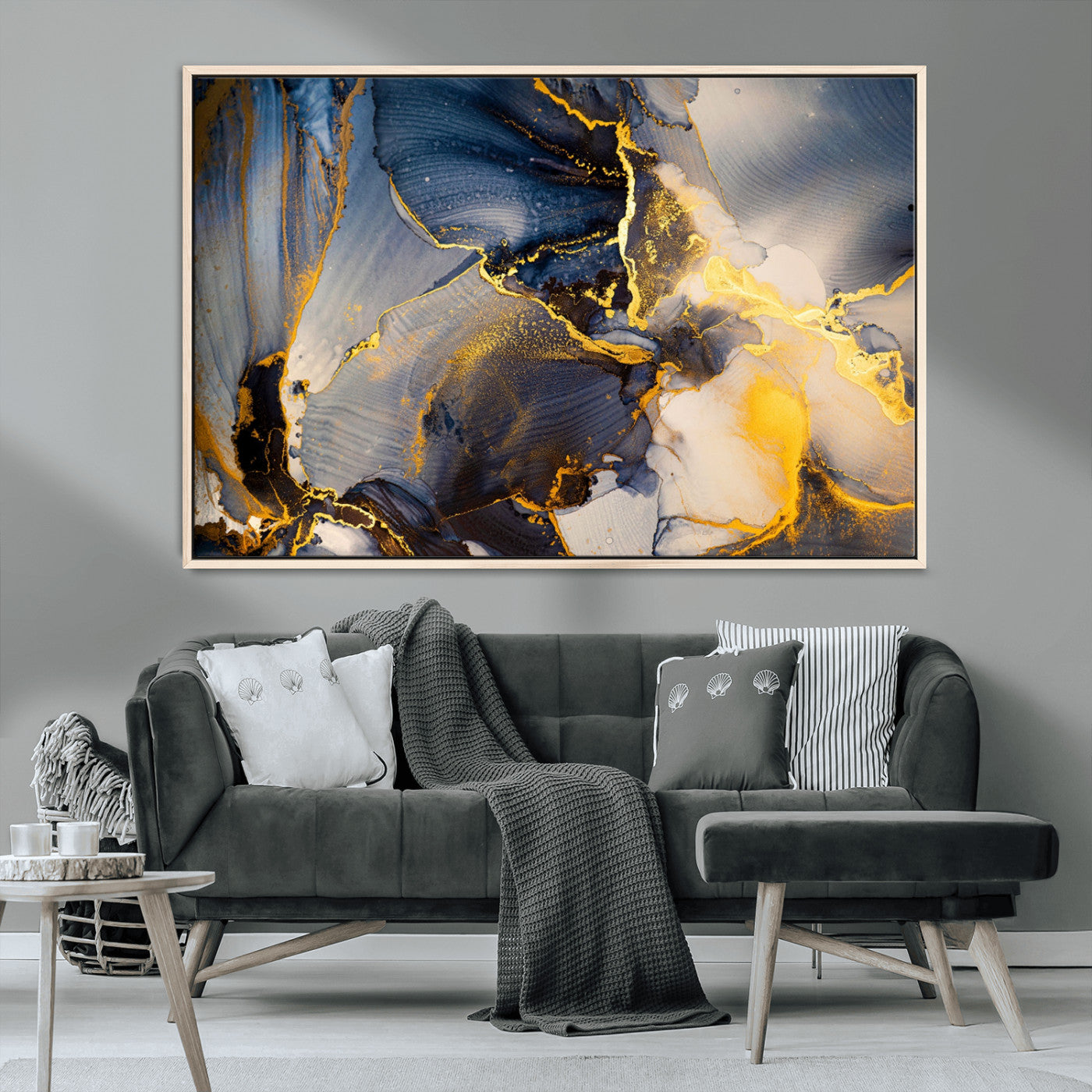 42100-MGV-CV-36X24-Large Abstract Wall Art Print - Gold and Blue Abstract Canvas Wall Art | Fluid Ink Modern Luxury Wall Decor for Living Room Decor