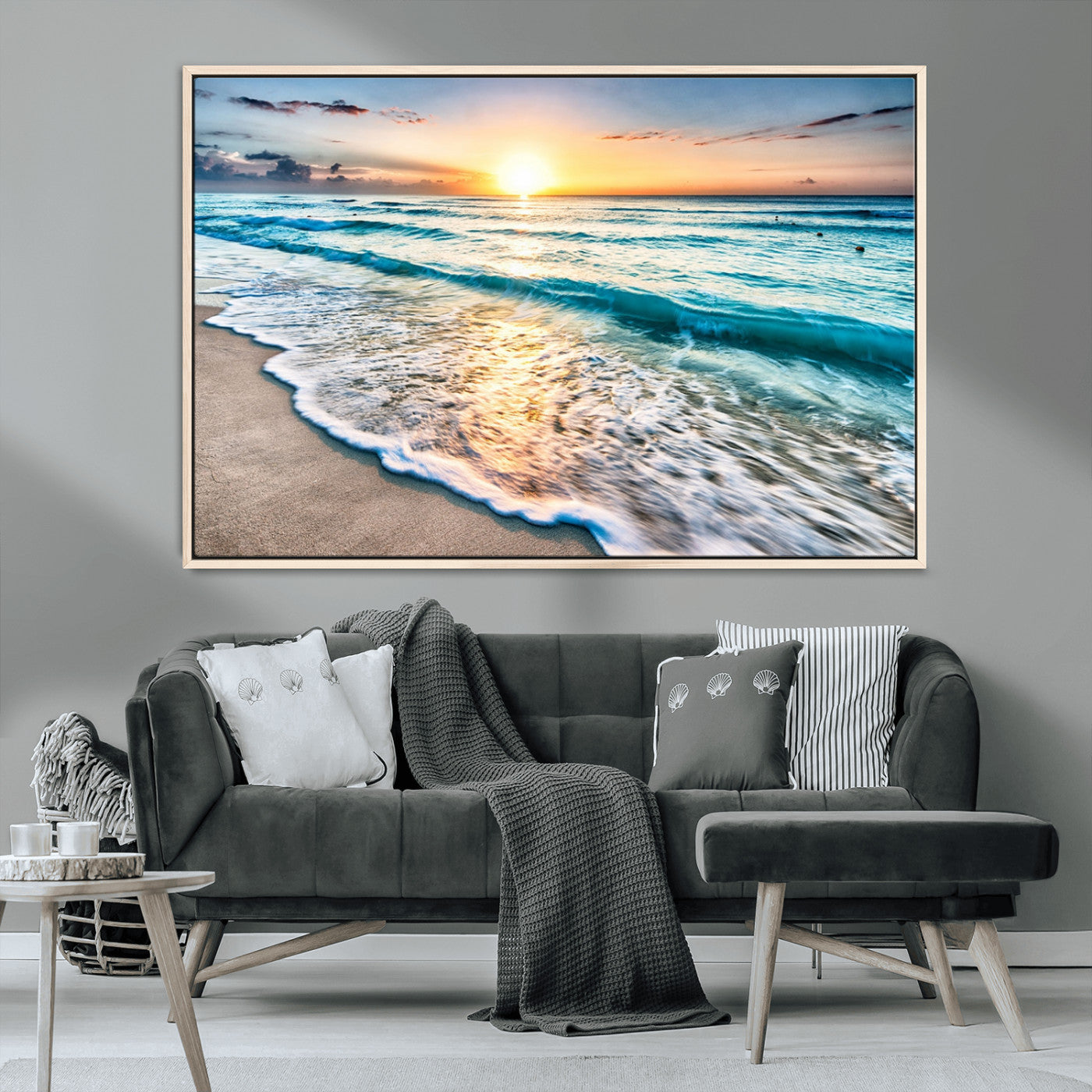 MGV-FC-36X24 - Sunset Beach Waves Canvas Wall Art – 5-Panel Ocean Sunset Print – Coastal Decor for Living Room or