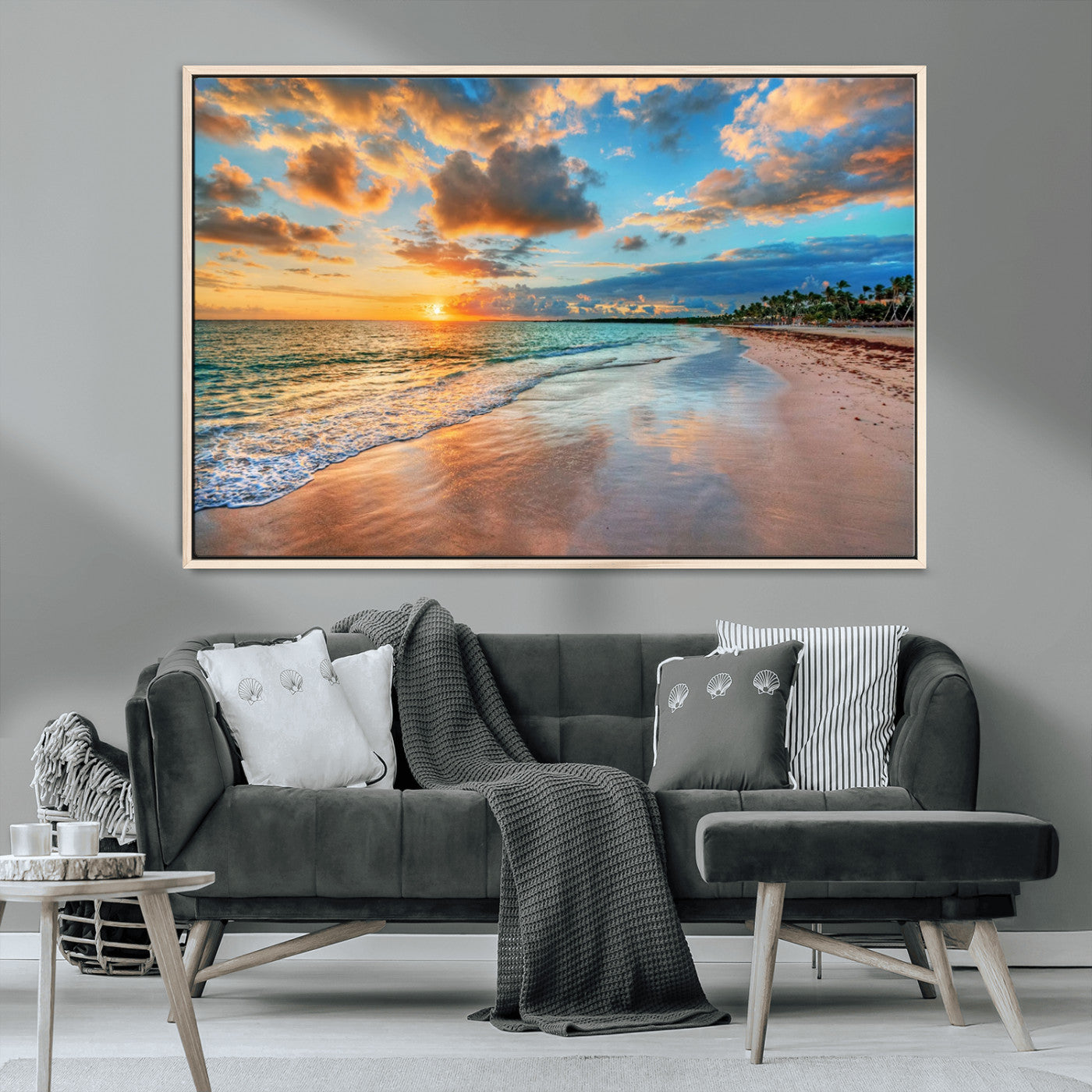 MGV-FC-36X24 - Sunset Ocean Waves on Tropical Beach, 3-Panel Giclee Canvas Art for Coastal Home Decor, Vibrant Palm-Lined Shore