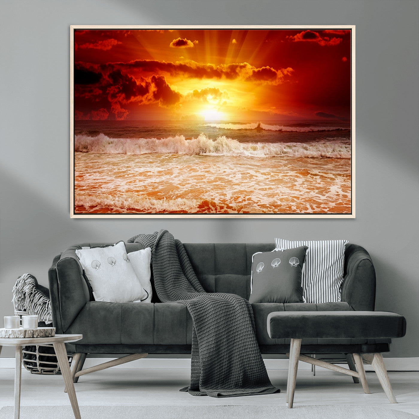 MGV-FC-36X24 - Red Sunset Ocean Beach Canvas Wall Art Beach Canvas, Coastal Sunset Print