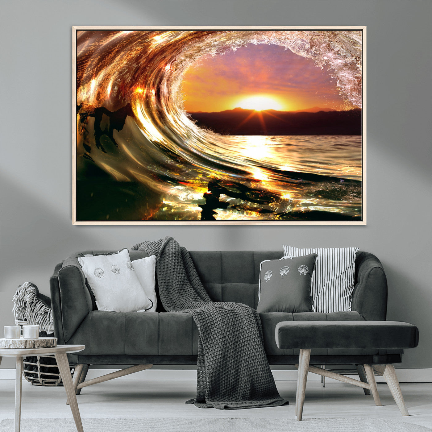 MGV-FC-36X24 - Golden Wave Sunset Triptych Canvas Art, Giclee Canvas Print of Ocean Wave and Sunset, Framed Ocean