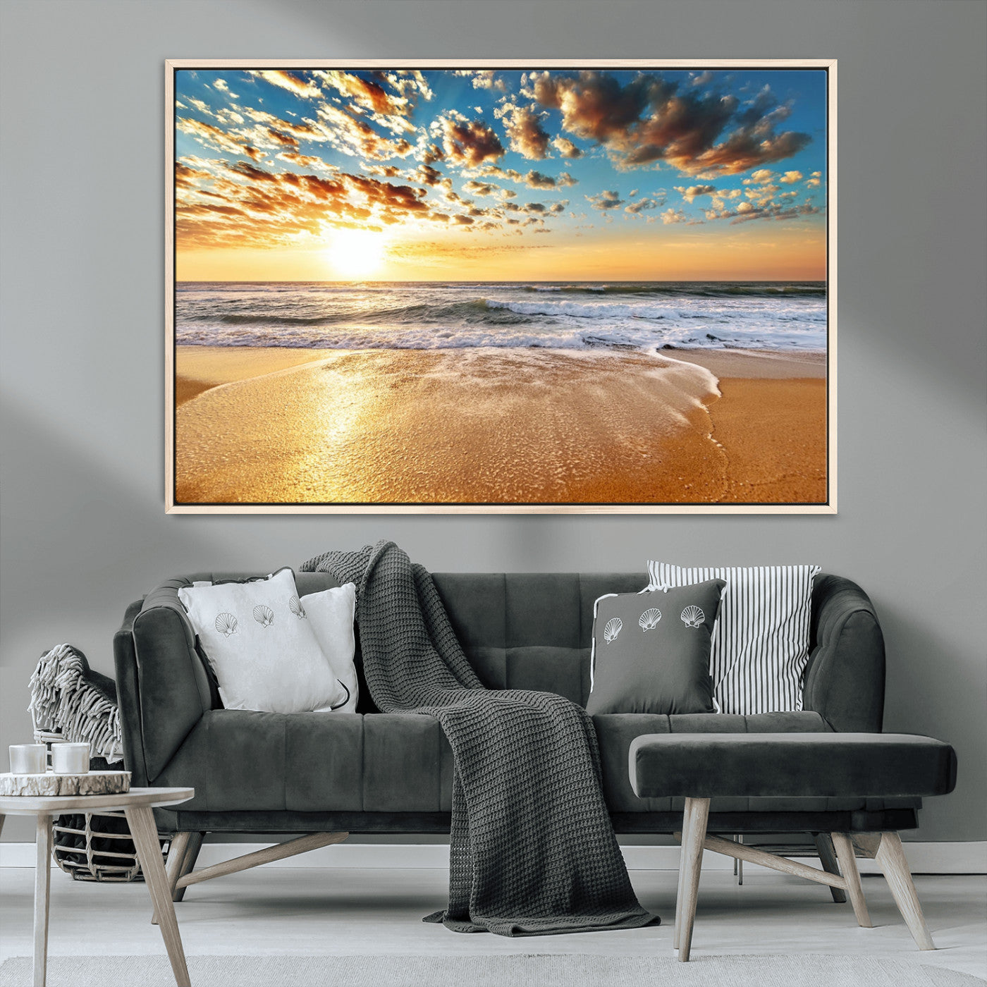 MGV-FC-36X24 - Golden Sunset Beach Print Canvas Wall Art, Giclee Canvas Print with Canon Print Quality, Triptych