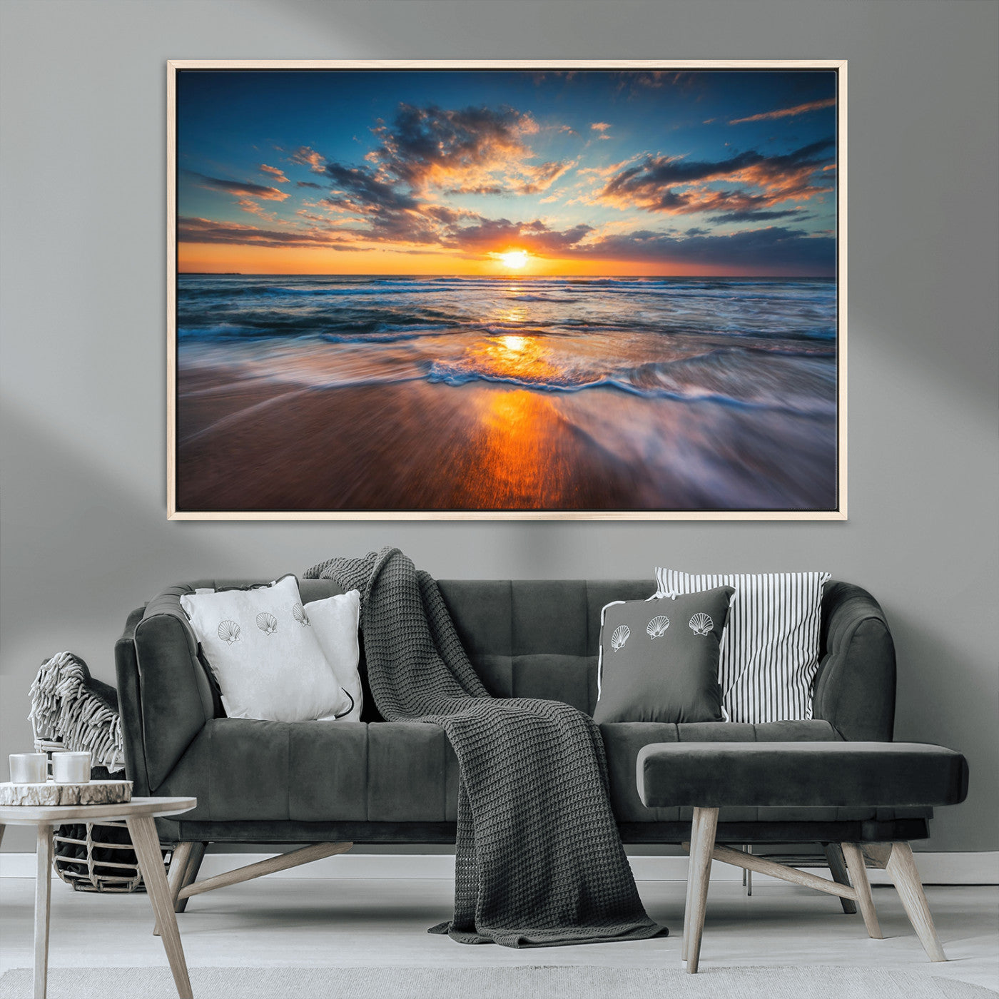 MGV-FC-36X24 - Sunset on the Ocean Beach with Waves, Reflections on Sand, Coastal Wall Art Print, Beach Wall Art,