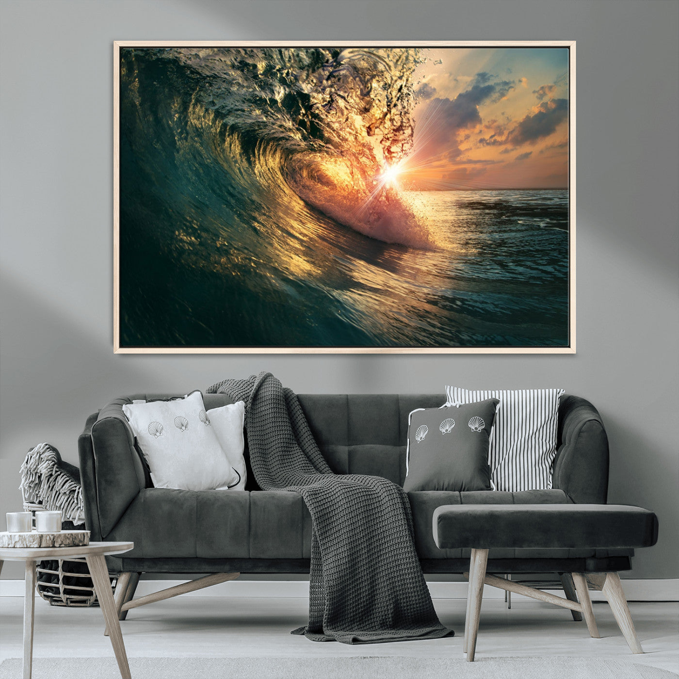 MGV-FC-36X24 - Ocean Wave Sunset Canvas Wall Art – Triptych Seascape Print – Framed and Ready to Hang for Living Room or Office