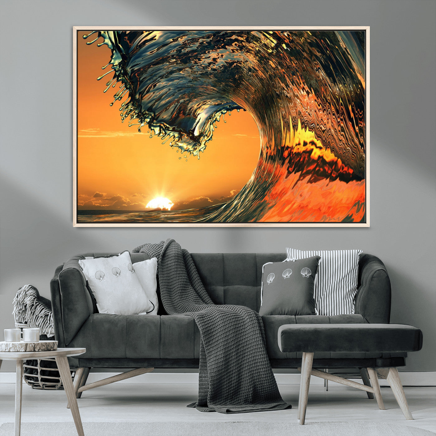 -Surf Wave Sunset Canvas Wall Art Print, 3-Panel Ocean Coastal Wall Art Print, Ocean Decor for